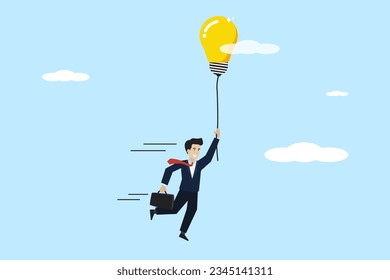 New idea to solve business problem, invention of new idea or work achievement concept, smart businessman manager holding big balloon floating high flying light bulb.