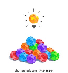 New idea. Standing out of the crowd. Climb up. Colorful crumpled paper balls lined with a pyramid. Modern flat style vector illustration clipart.