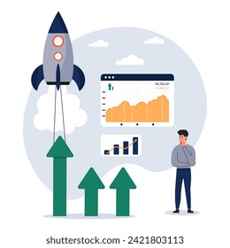 New idea, start up vector illustration. Businessmen creates new ideas. Project launch - Team of business people launching rocket, celebrating and cheering. Startup mentoring, business opportunity.