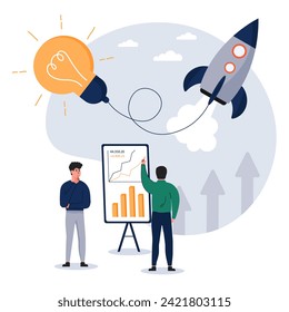 Nueva idea, iniciar ilustración vectorial. Los hombres de negocios crean nuevas ideas. Lanzamiento del proyecto - Equipo de empresarios lanzando cohetes, celebrando y animando. Orientación de emprendimientos, oportunidad de negocio.