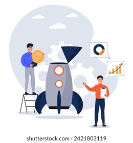 New idea, start up vector illustration. Businessmen creates new ideas. Project launch - Team of business people launching rocket, celebrating and cheering. Startup mentoring, business opportunity.