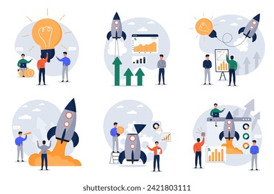 New idea, start up vector illustrations set. Businessmen creates new ideas. Project launch - Team of business people launching rocket, celebrating and cheering. Startup mentoring, business opportunity