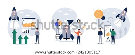  New idea, start up vector illustrations set. Businessmen creates new ideas. Project launch - Team of business people launching rocket, celebrating and cheering. Startup mentoring, business opportunit