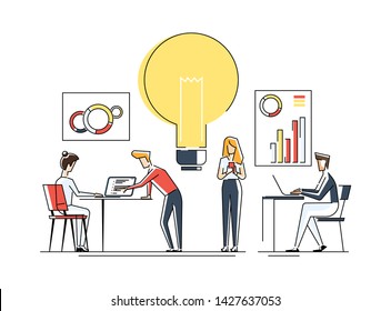 New idea or startup concept. Bulb glowing rocket launch. Small people grow plants, ideas, people characters develop creative business idea, innovation. Flat geometric linear illustration.