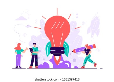 New idea or startup concept. Bulb glowing rocket launch vector. Small people grow plants, ideas, people characters develop creative business idea, innovation. Flat style vector design illustration.