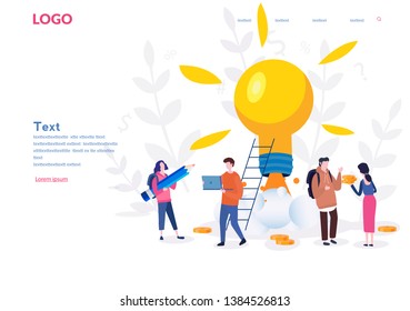 New idea or startup concept, vector illustration. Bulb  glowing rocket launch. Small people grow plants, ideas, people characters develop creative business idea, innovation.