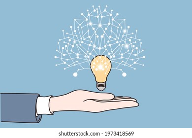 New idea, startup, Innovation concept. Human hand holding bright light bulb with new innovative ideas around over blue background vector illustration 