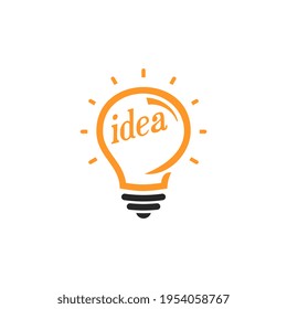 Nuevo símbolo de idea, bombilla de caricatura brillante plana. Icono de idea, logotipo de círculo, signo estilizado de bombillas vectoriales, logotipo de color blanco y naranja