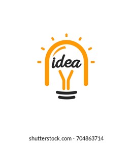 New idea symbol stylized vector lightbulbs icon, orange and black color logotype, isolated flat bright cartoon bulb, white and orange color sign, idea logo.