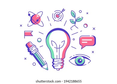 New idea symbol vector illustration. Light bulb as symbol for idea flat style. Genius and smart solution. Science and art signs. Creativity and imagination concept. Isolated on white background