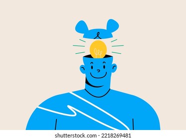 New Idea. Woman Has A Bright Idea For Marketing Strategy With A Bulb On His Head.  Colorful Vector Illustration
