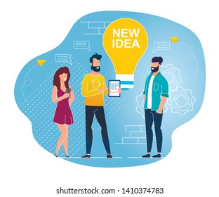 New Idea is Written on Light Bulb Cartoon Flat. Man and Woman Happily Communicate with Interlocutor. Presentation an Idea on Electronic Device. Corporate Discussion New Project. Vector Illustration.