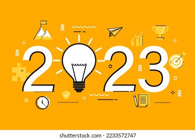 new idea in new year 2023 on yellow background. creative thinking 2023 to success. business light bulb strategies and goals. target marketing and education for website.vector illustration template.