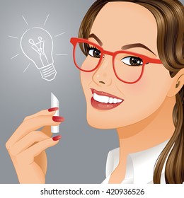 New idea.Portrait of young woman who understood how to solve difficult problem.