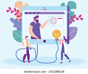 New Ideas after Watching Lesson Online. Distance Learning. Lesson Online. E-Learning. Man with Laptop. Setting Tablet. Vector Illustration. Tell Lecture. Communicate with Teacher. Get Jobs Online.