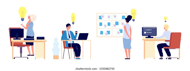 New ideas. Business people have great ideas. Flat male female thinking about business process. Vector people characters at workplace