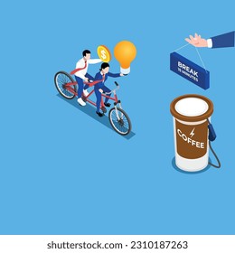 New ideas and energy after coffee break isometric 3d vector illustration concept for banner, website, illustration, landing page, flyer, etc.