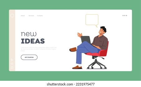 New Ideas Landing Page Template. Man Sitting on Chair with Laptop and Speech Bubble in Office. Businessman Character, Manager or Student Discussion, Communication. Cartoon People Vector Illustration