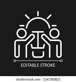 New ideas pixel perfect white linear icon for dark theme. Workshop and brainstorming together. Group project. Thin line illustration. Isolated symbol for night mode. Editable stroke. Arial font used