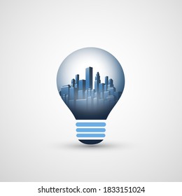 Ideas nuevas, ciudad inteligente y diseño de conceptos de energía alternativa - paisaje urbano dentro de una bombilla brillante - Ilustración en formato vectorial editable