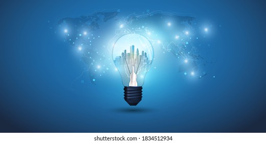 Ideas nuevas, ciudad inteligente y diseño de conceptos de energía alternativa - paisaje urbano dentro de una bombilla brillante - Ilustración en formato vectorial editable
