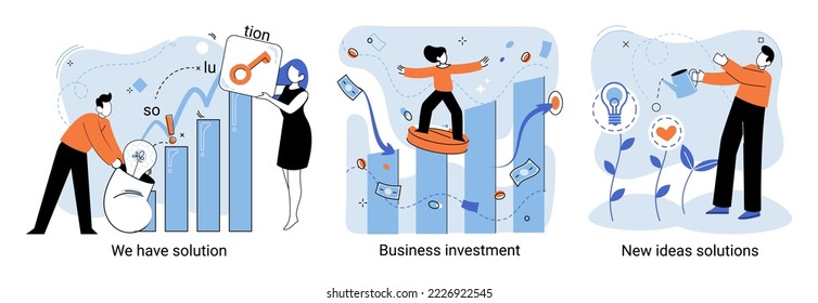 New ideas solution vector set. Business investment, financial deposit concept. Problem solving with creating new decision. Businessman growing light bulb plant. Business goals, company vision