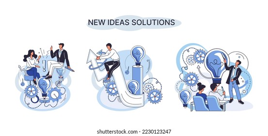 New ideas solution vector set. Brainstorm, teamwork process concept. Problem solving with creativity, creating new decision. Business people, light bulb as symbol of new idea for business development
