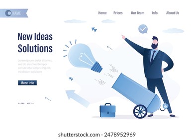 New ideas solutions, landing page template. Brainstorming, confident businessman shoots glowing light bulb from cannon. Ideas pitching. Creativity in business, search new profitable projects. vector