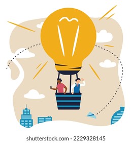 New ideas. Vector illustration. Art design with employees, businessmen in working process. Concept of business, partnership, problem solving, innovative business approach, startup. Men flying on air