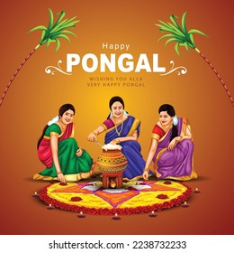 new illustration of Happy Pongal Holiday Harvest Festival of Tamil Nadu woman's making Pongal. vector background design