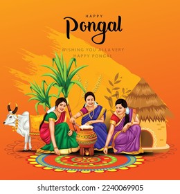 new illustration of Happy Pongal Holiday Harvest Festival of Tamil Nadu woman's making Pongal. vector background design