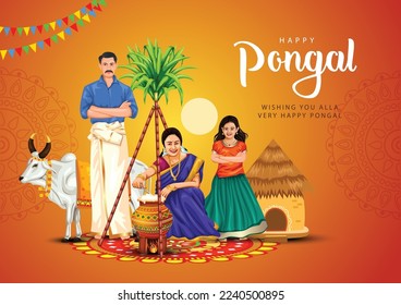 new illustration of Happy Pongal Holiday Harvest Festival of Tamil Nadu family making Pongal. abstract vector background design