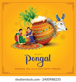 new illustration of Happy Pongal Holiday Harvest Festival of Tamil Nadu woman's making Pongal. vector background design