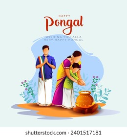 new illustration of Happy Pongal Holiday Harvest Festival concept of Tamil Nadu family making Pongal. abstract vector background design