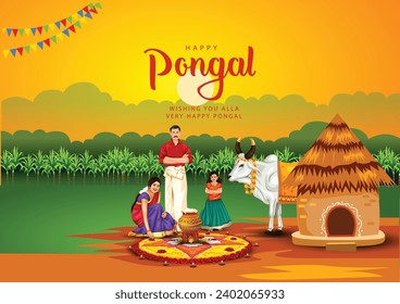 new illustration of Happy Pongal Holiday Harvest Festival of Tamil Nadu family making Pongal. abstract vector background design