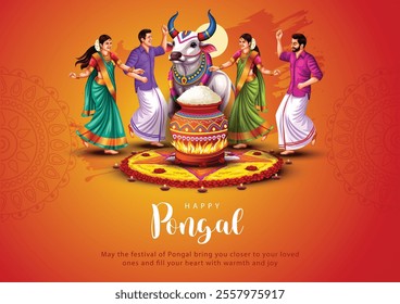 new illustration of Happy Pongal Holiday Harvest Festival of Tamil Nadu family making Pongal. abstract vector background design