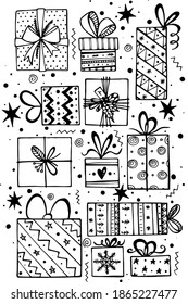 new illustration, set of Christmas icons, doodles, new year gifts, sketch