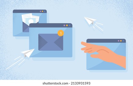New incoming email. Hand reaches for paper plane, communication on Internet and business correspondence. Interface and windows in browser, site design, notification. Cartoon flat vector illustration