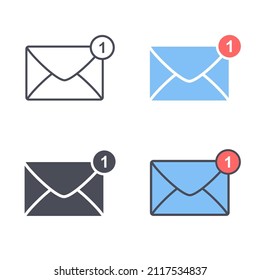 New incoming email message icon set. Envelope with notification symbol. Vector isolated illustration.