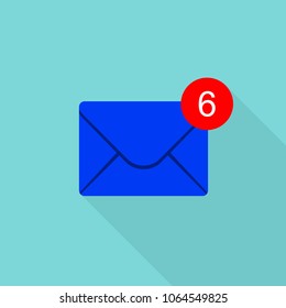 New incoming message icon, envelope with notification, vector isolated flat object.