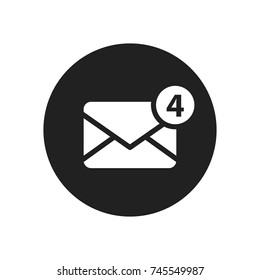 New incoming message icon on round background. Envelope with notification. Vector black flat email web illustration.