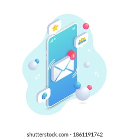 New incoming message isometric concept, 3d Email Mobile notification. New e-mail on smartphone screen. Social network, sms chat, spam, new mail vector illustration for website, landing, app, advert.