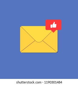 New incoming messages icon with thumb up notification. Envelope with incoming message. Vector symbol.