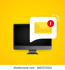 Nuevos mensajes entrantes con la ilustración de pantalla del equipo de notificación. Sobre con mensaje entrante. Vector de fondo aislado. EPS 10