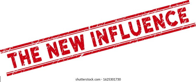 The New Influence seal. Red vector scratched seal stamp with The New Influence caption between double parallel lines. Designed for rubber imitations with scratched rubber surface.
