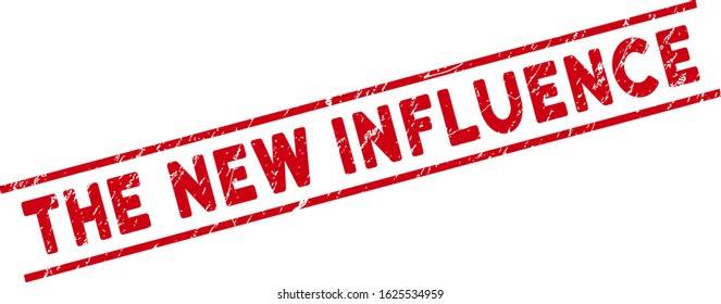 The New Influence watermark. Red vector grunge seal stamp with The New Influence title between parallel lines. Designed for rubber imitations with grunge rubber texture.