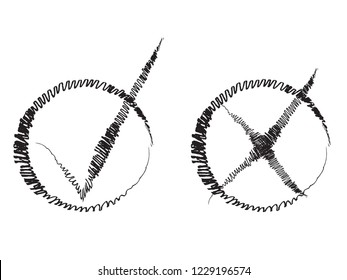 New ink test marks design original vector illustration. Completely new black grunge stroke tick and cross signs. Grunge check mark OK and X icons, isolated on white. Square shape symbols YES and NO