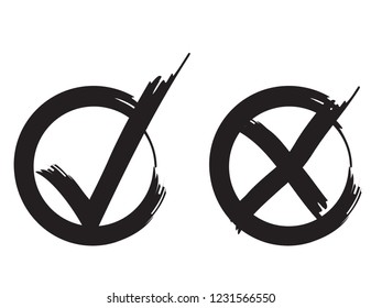 New ink test marks design original vector illustration. Completely new black grunge stroke tick and cross signs. Grunge check mark OK and X icons, isolated on white. Square shape symbols YES and NO