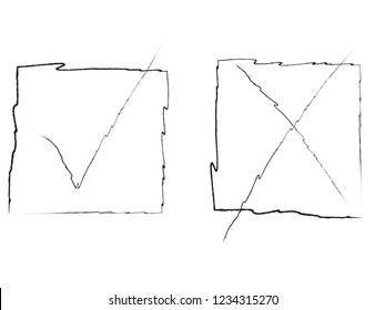 New ink test marks design original vector illustration. Completely new black grunge stroke tick and cross signs. Grunge check mark OK and X icons, isolated on white. Square shape symbols YES and NO