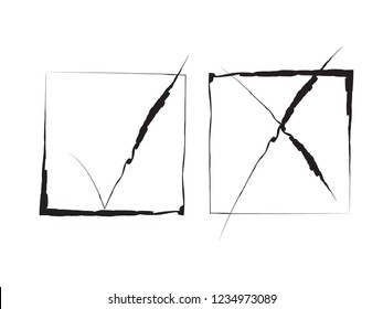 New ink test marks design original vector illustration. Completely new black grunge stroke tick and cross signs. Grunge check mark OK and X icons, isolated on white. Square shape symbols YES and NO